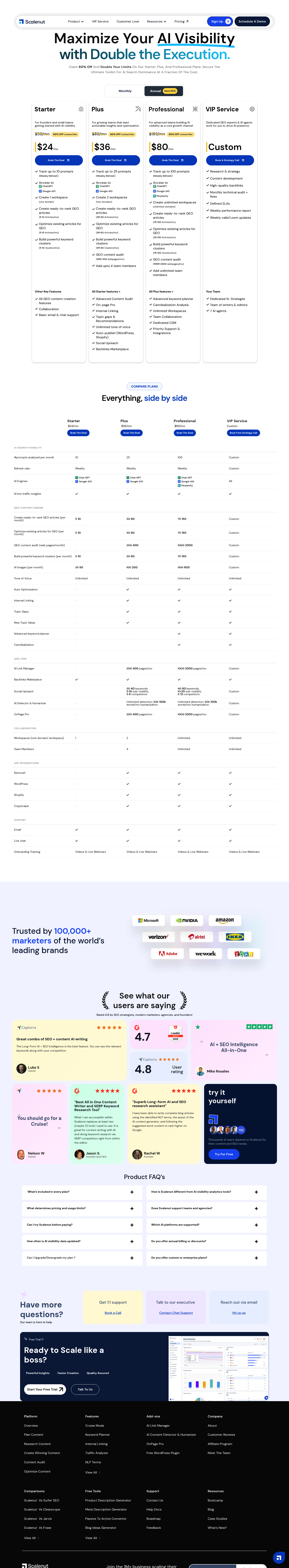 Screenshot of Scalenut's pricing page showing its plans and prices