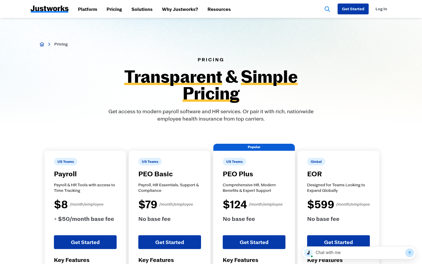 Screenshot of Justworks's pricing page showing its plans and prices