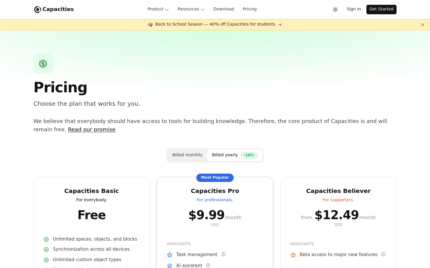 Screenshot of Capacities's pricing page showing its plans and prices