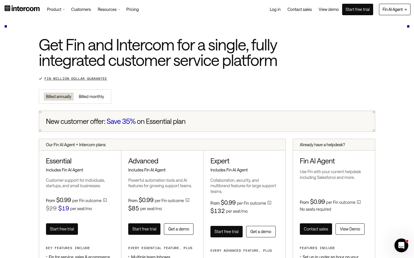 Screenshot of Intercom's pricing page showing its plans and prices