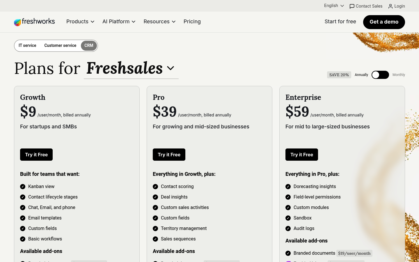Screenshot of Freshsales's pricing page showing its plans and prices
