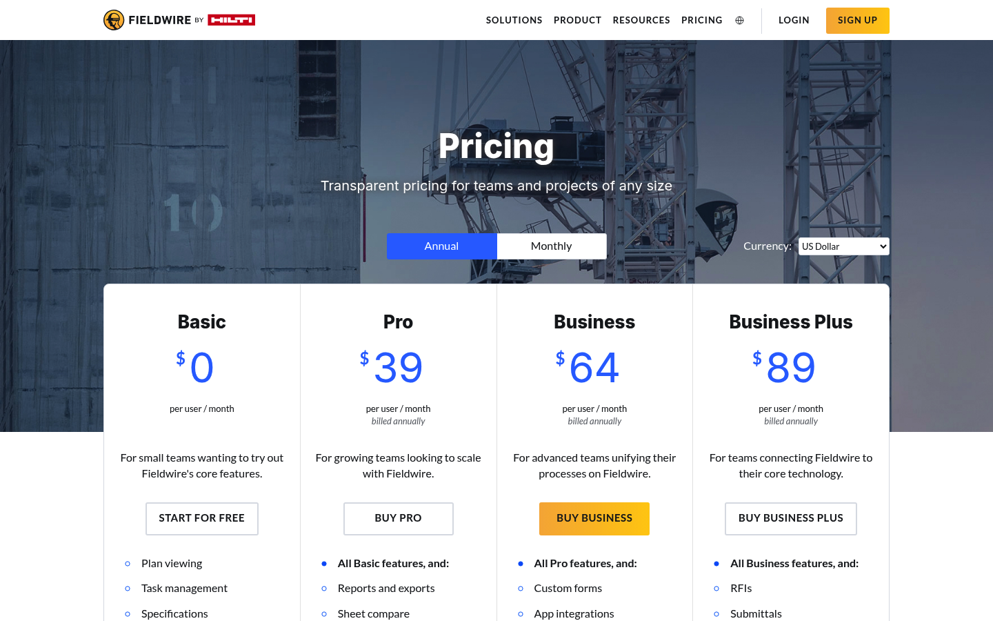 Screenshot of Fieldwire's pricing page showing its plans and prices