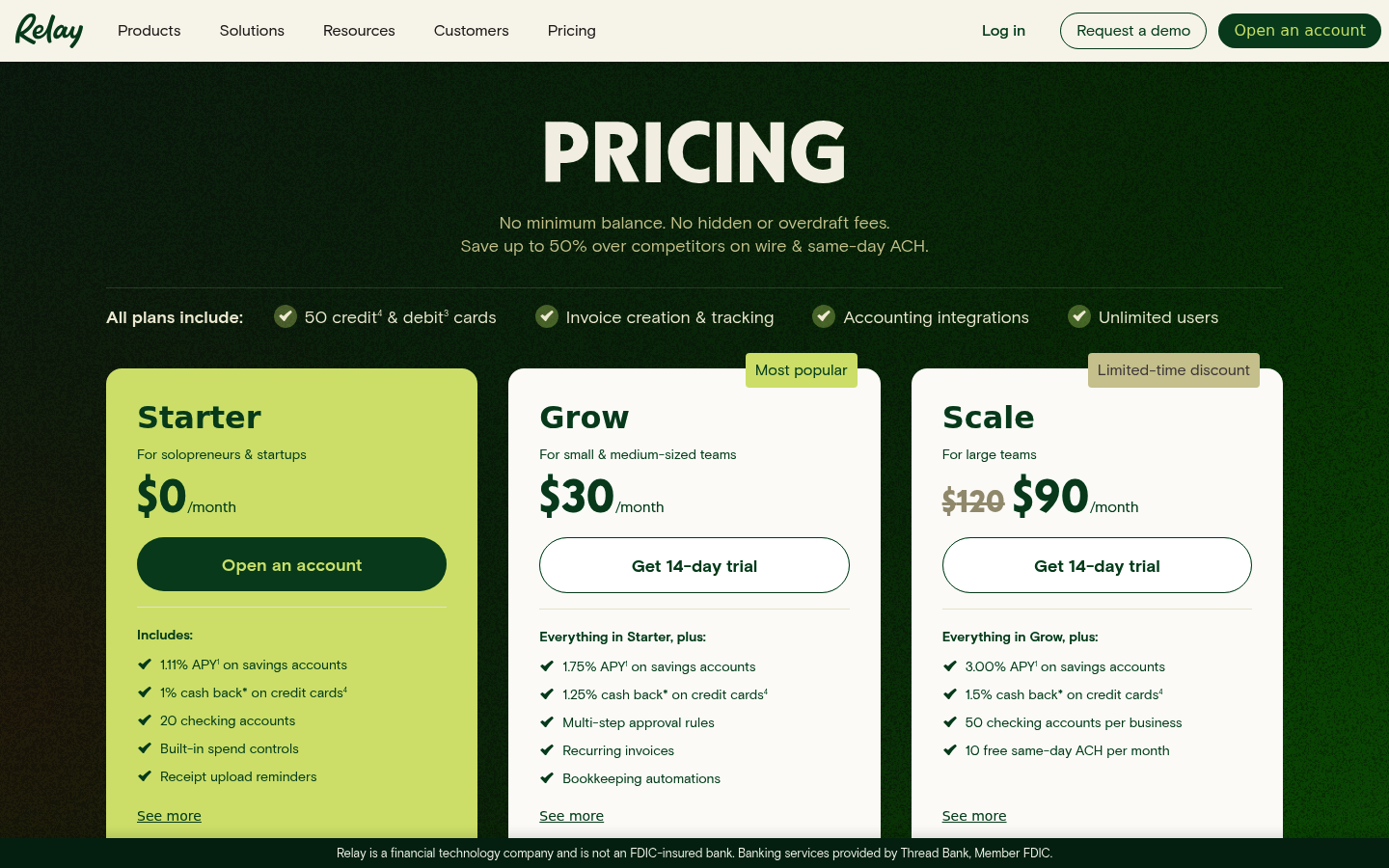 Screenshot of Relay's pricing page showing its plans and prices
