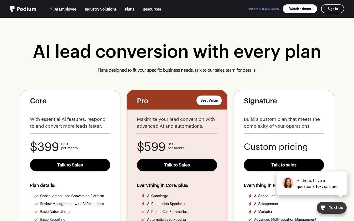 Screenshot of Podium's pricing page showing its plans and prices