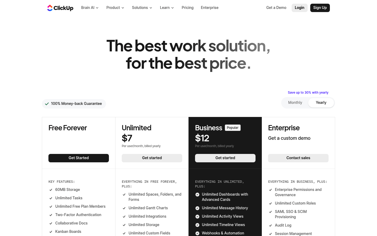 Screenshot of ClickUp's pricing page showing its plans and prices