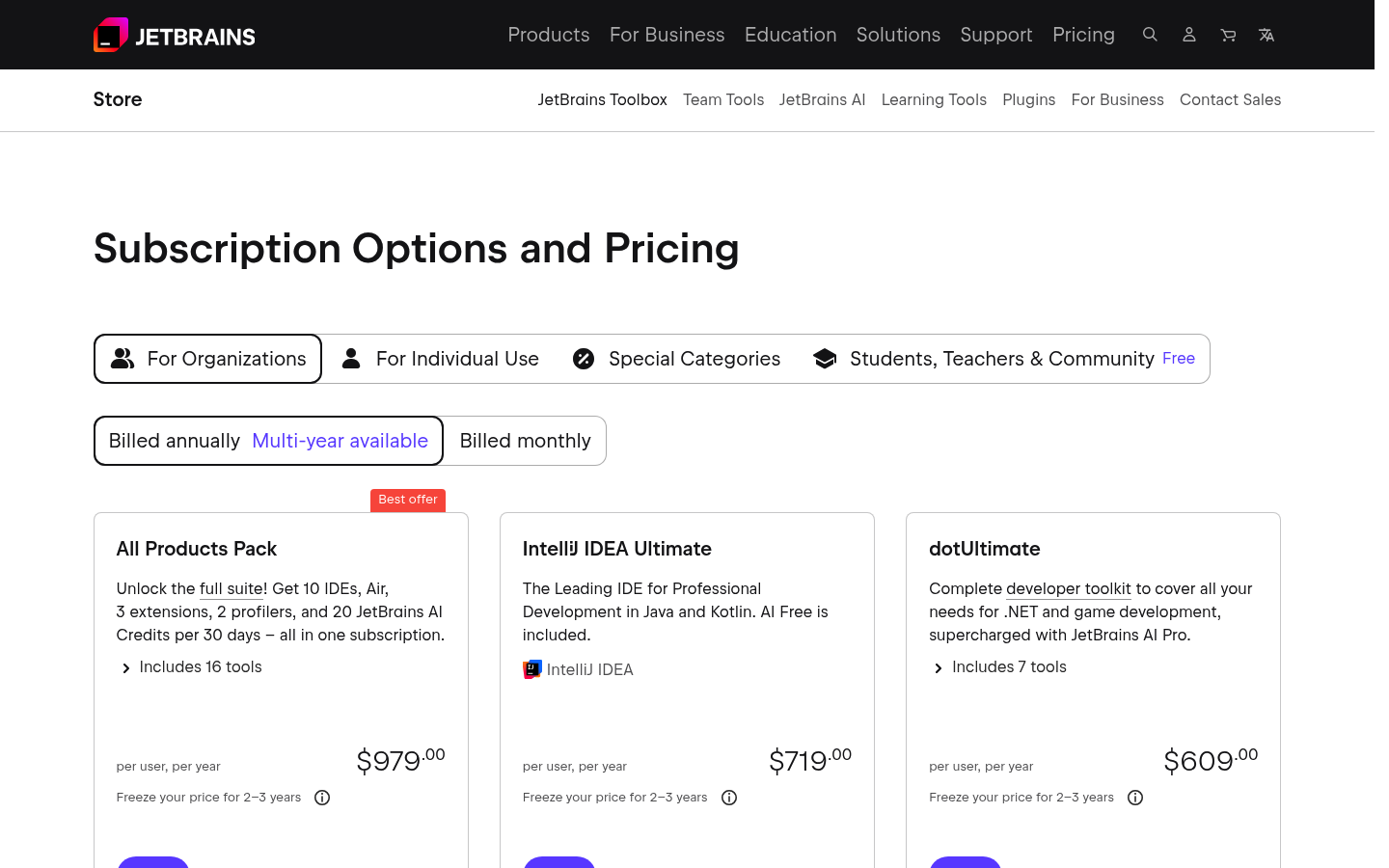 Screenshot of JetBrains's pricing page showing its plans and prices