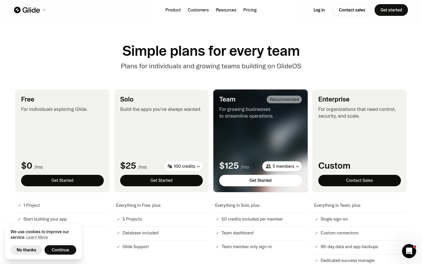 Screenshot of Glide's pricing page showing its plans and prices