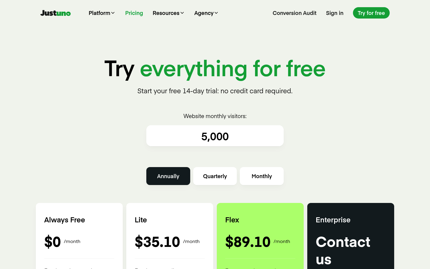Screenshot of Justuno's pricing page showing its plans and prices