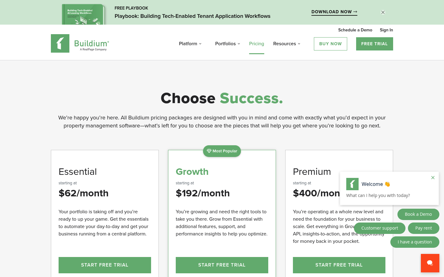 Screenshot of Buildium's pricing page showing its plans and prices