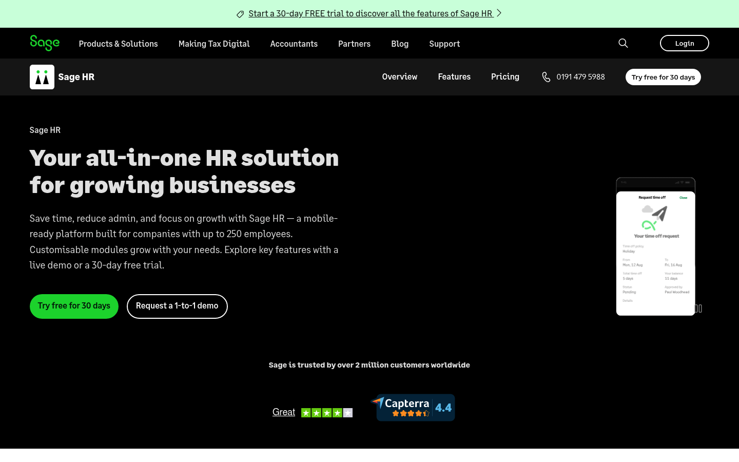 Screenshot of Sage HR's pricing page showing its plans and prices