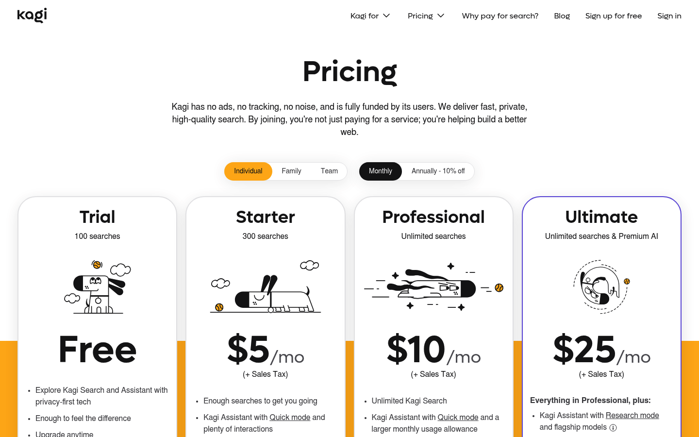 Screenshot of Kagi's pricing page showing its plans and prices