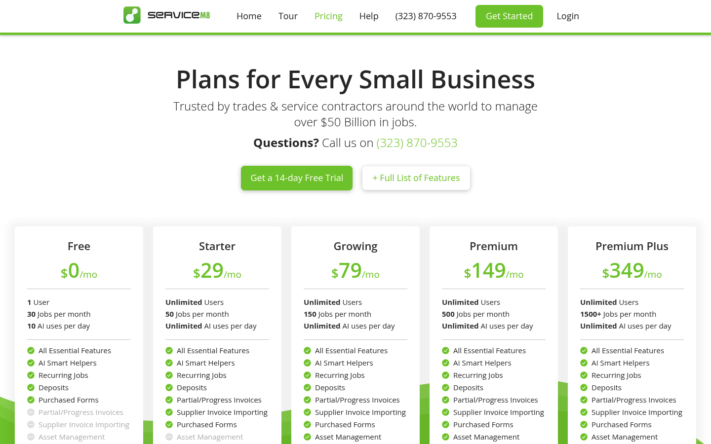 Screenshot of ServiceM8's pricing page showing its plans and prices