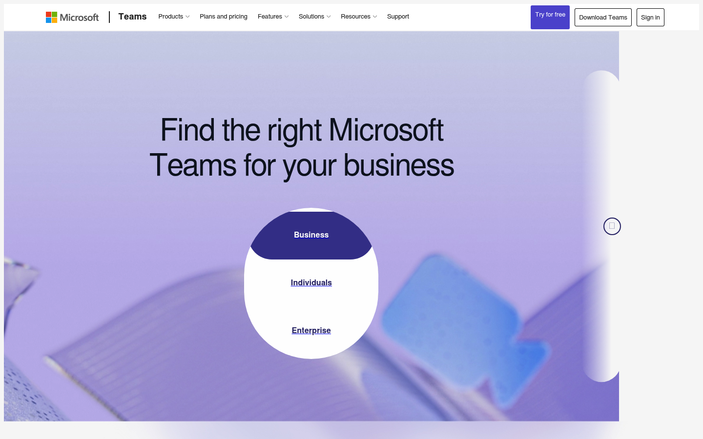 Screenshot of Microsoft Teams's pricing page showing its plans and prices