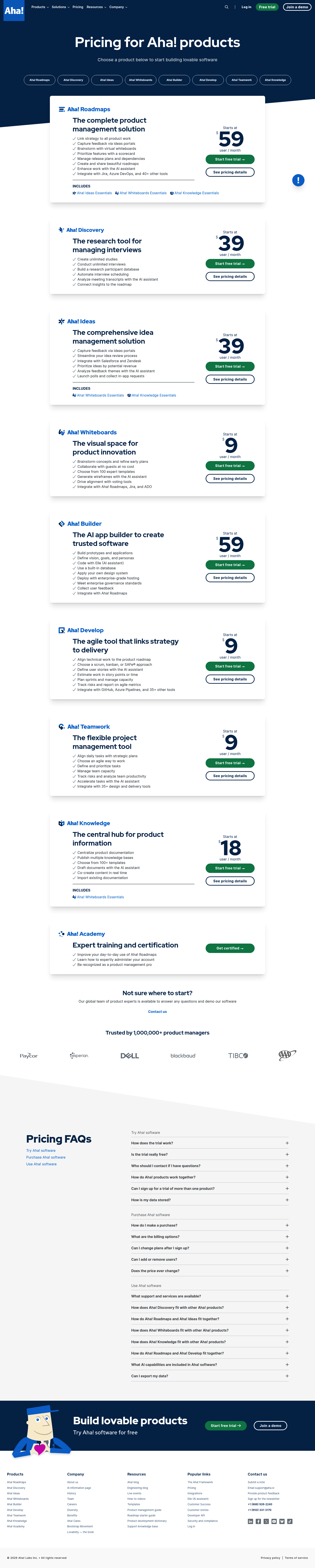 Screenshot of Aha!'s pricing page showing its plans and prices