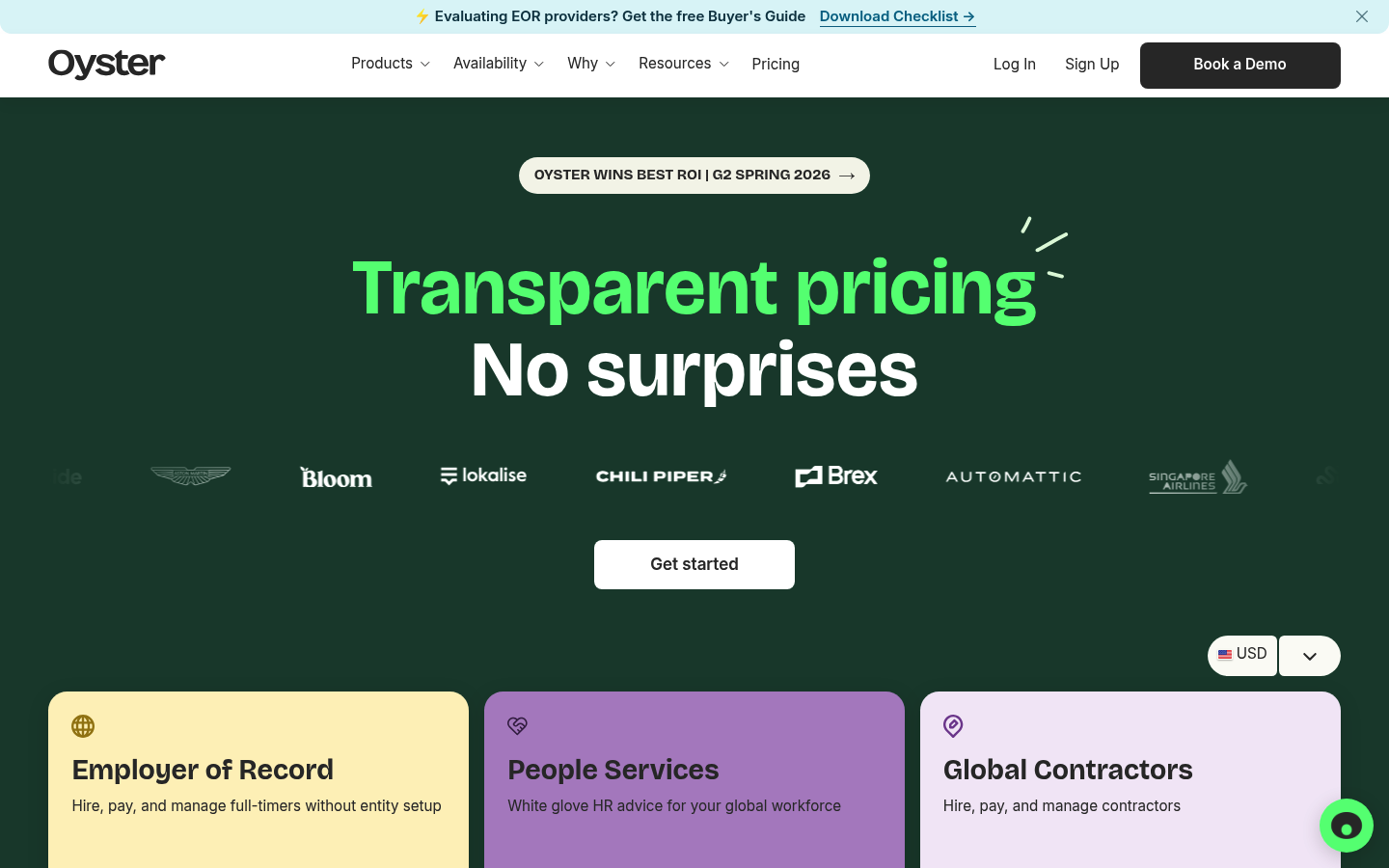Screenshot of Oyster's pricing page showing its plans and prices