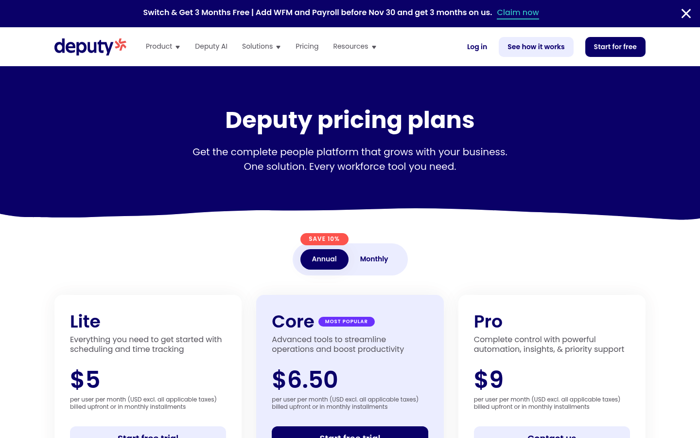 Screenshot of Deputy's pricing page showing its plans and prices