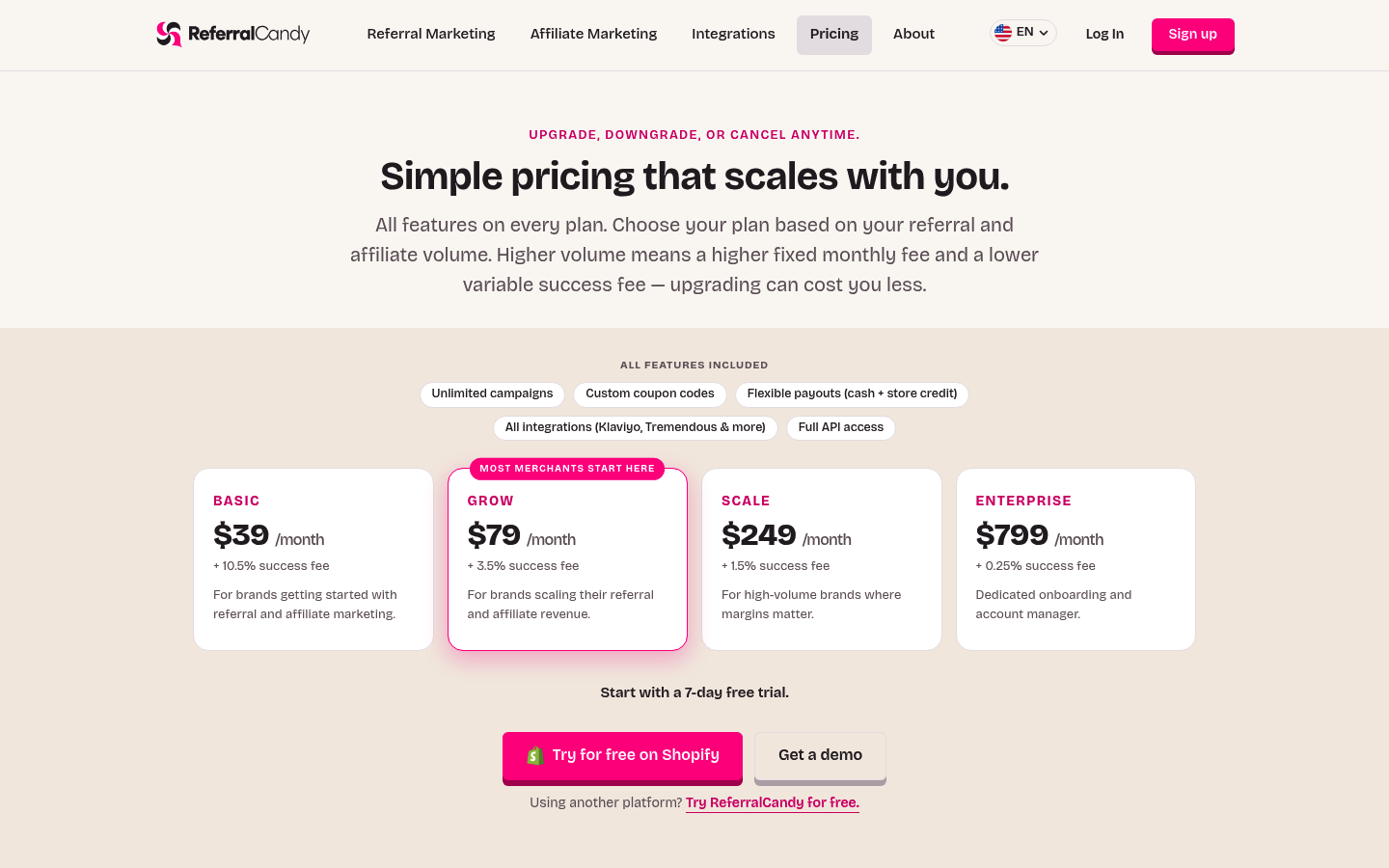 Screenshot of ReferralCandy's pricing page showing its plans and prices