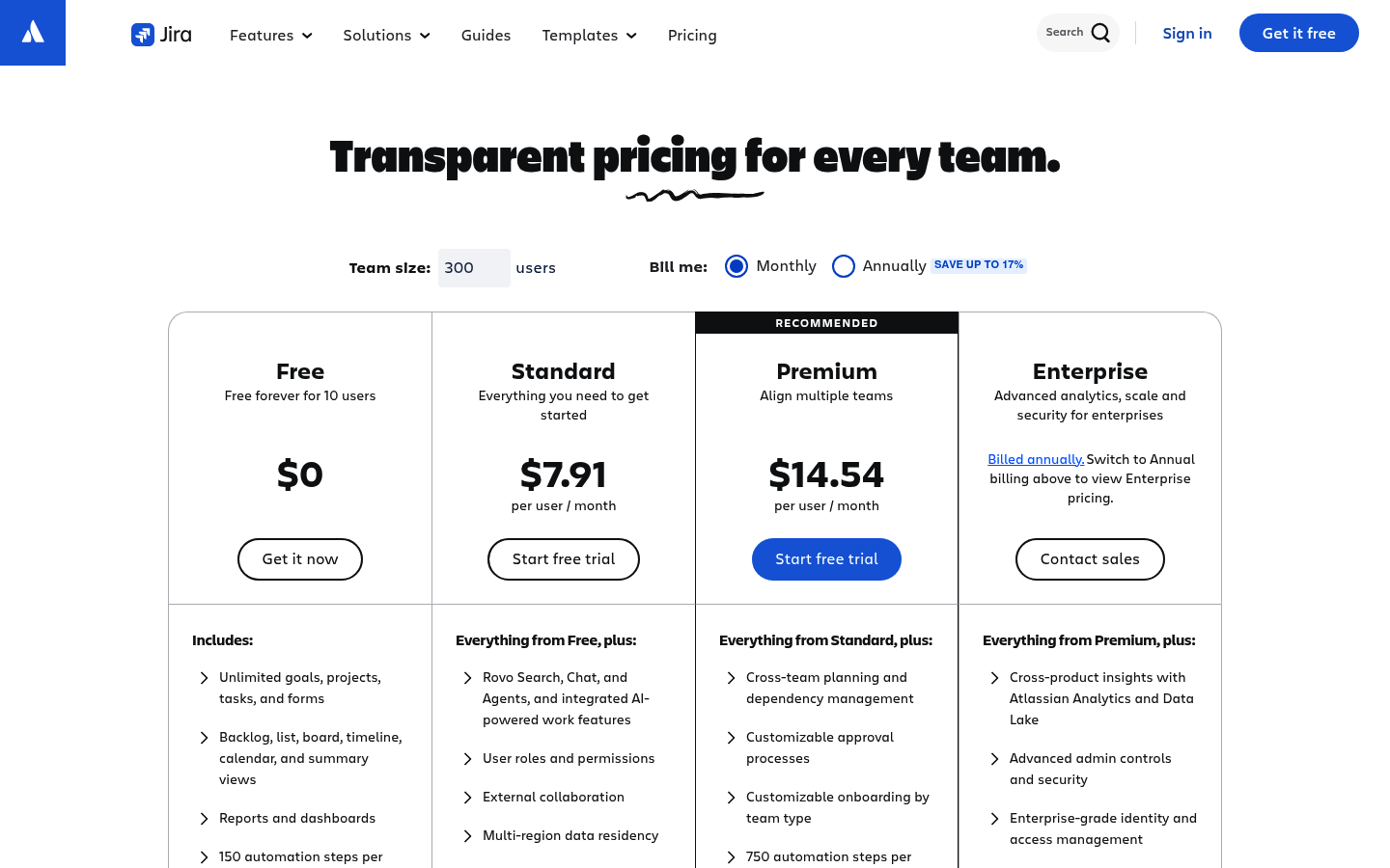 Screenshot of Jira's pricing page showing its plans and prices