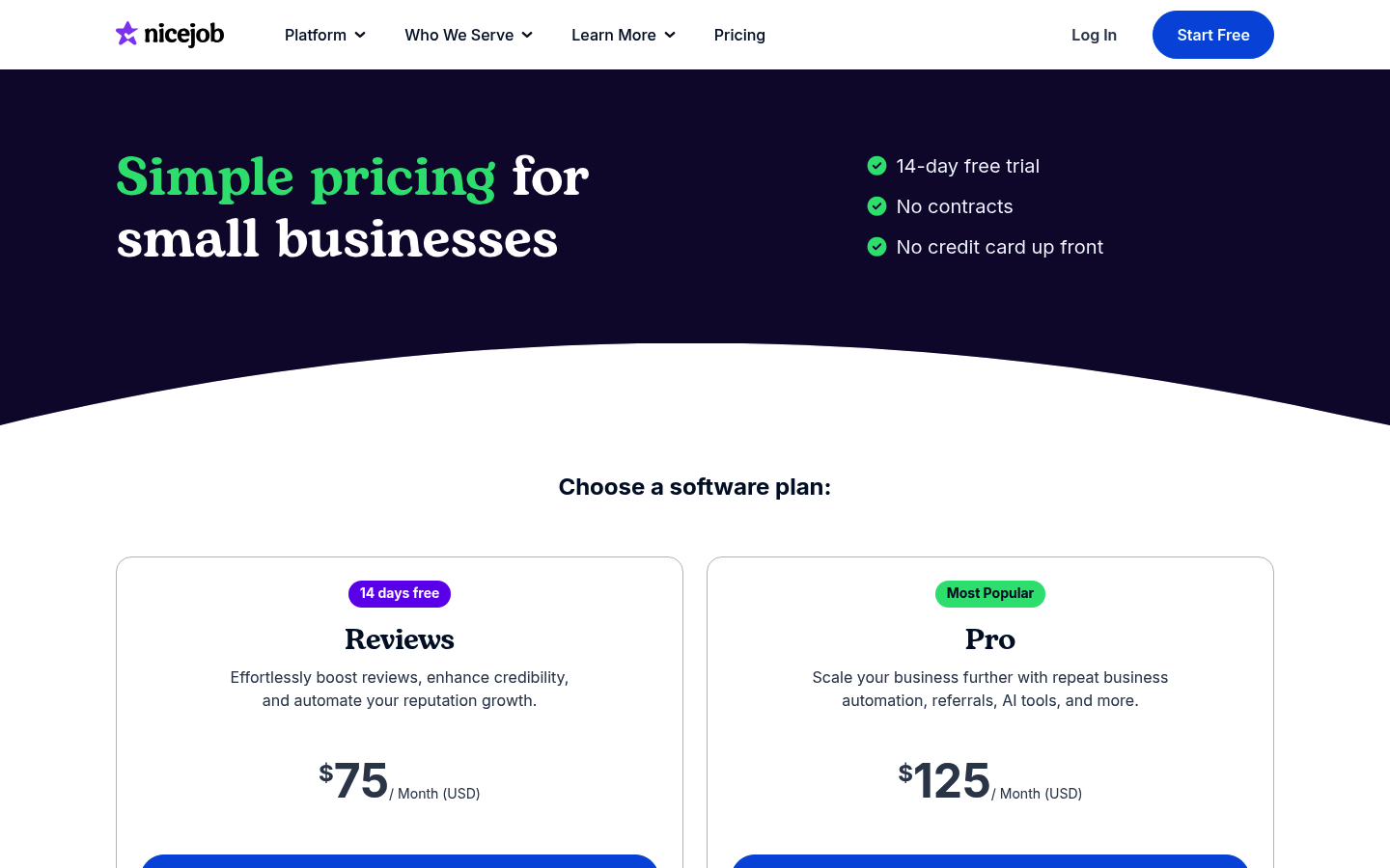 Screenshot of NiceJob's pricing page showing its plans and prices