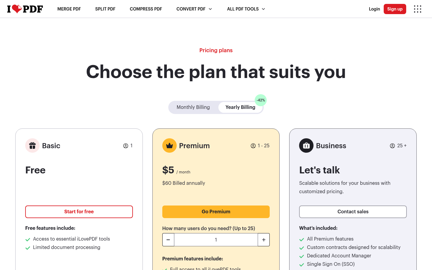 Screenshot of iLovePDF's pricing page showing its plans and prices
