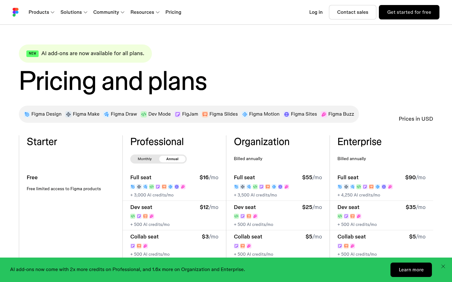 Screenshot of Figma's pricing page showing its plans and prices
