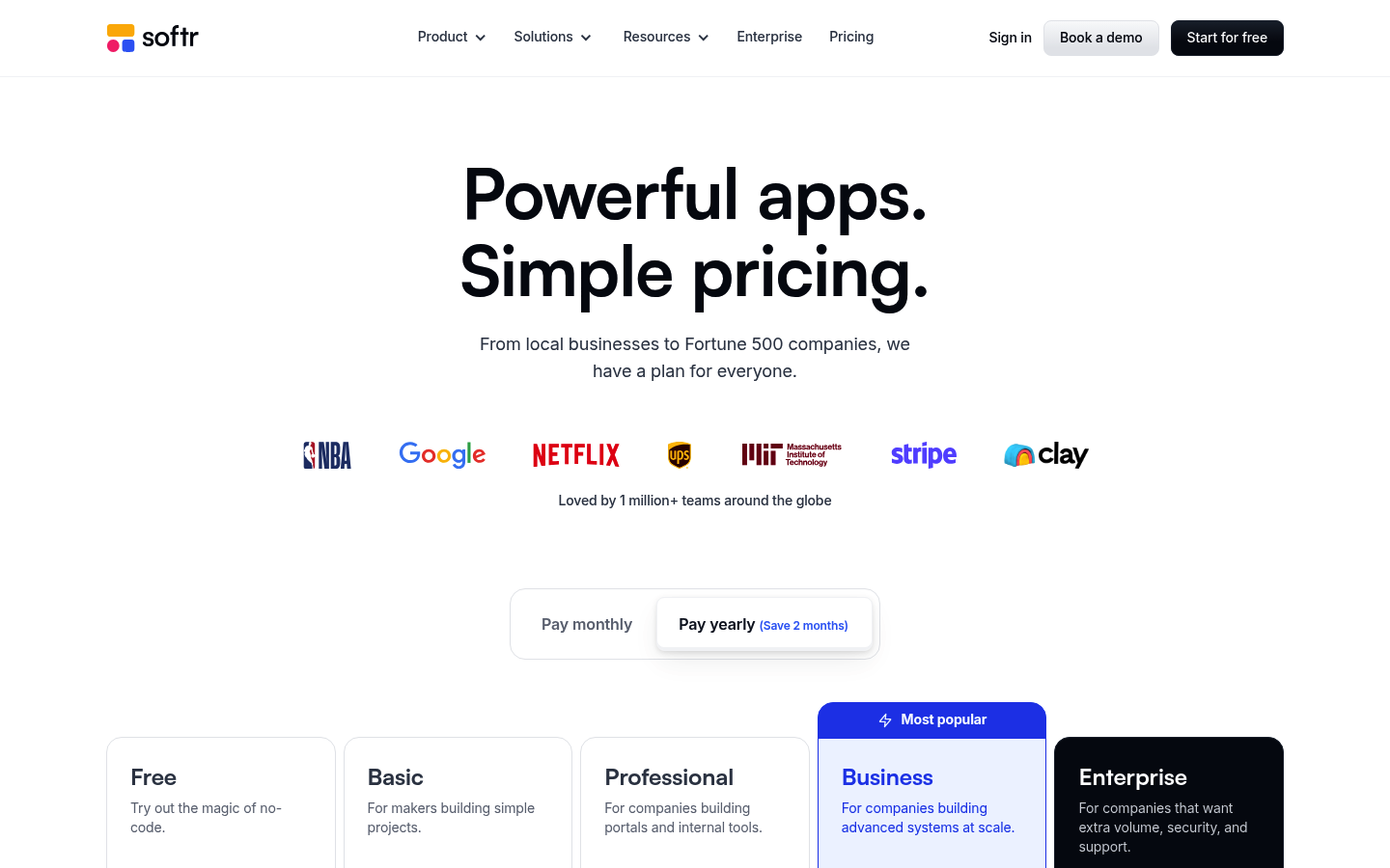 Screenshot of Softr's pricing page showing its plans and prices