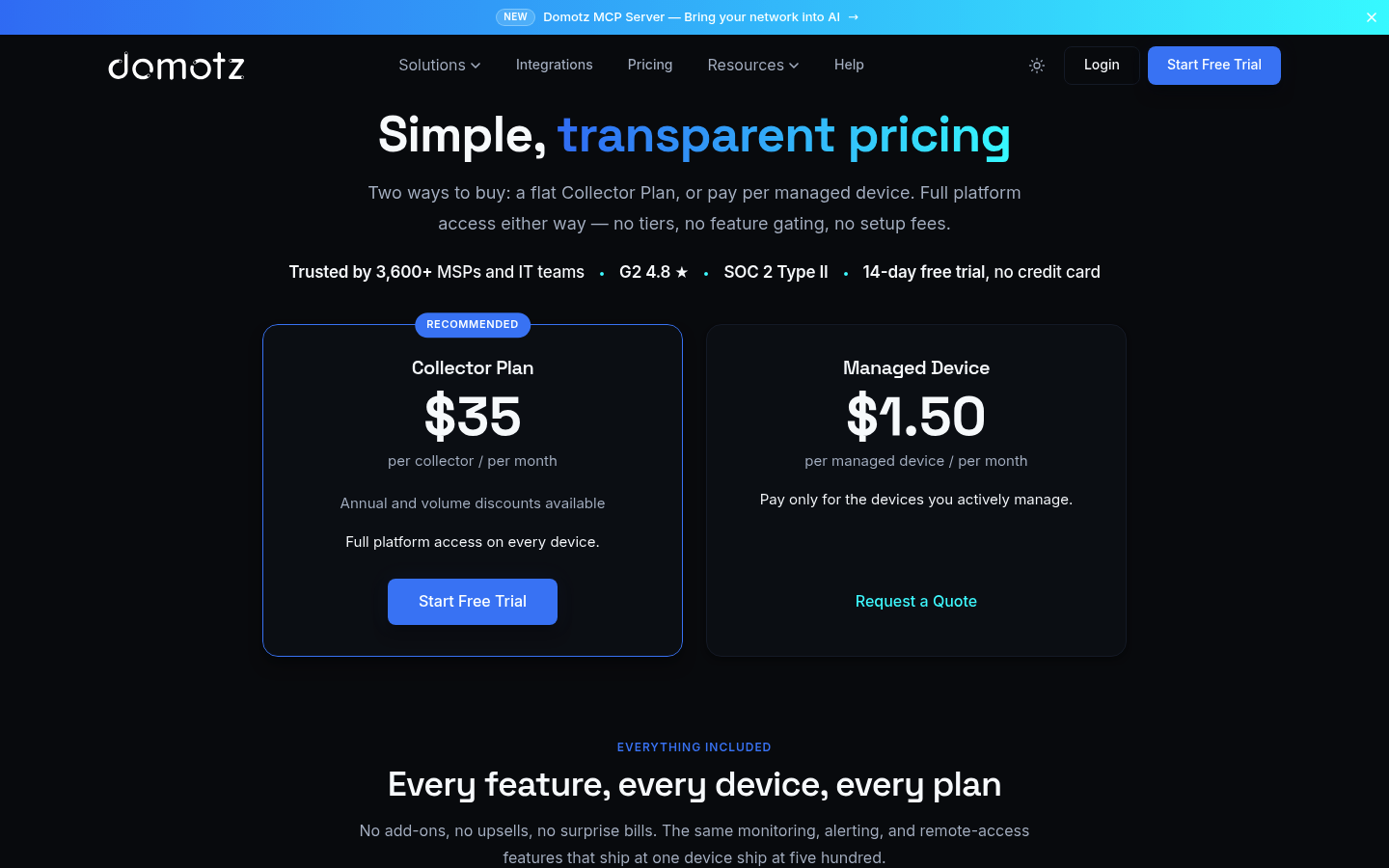 Screenshot of Domotz's pricing page showing its plans and prices