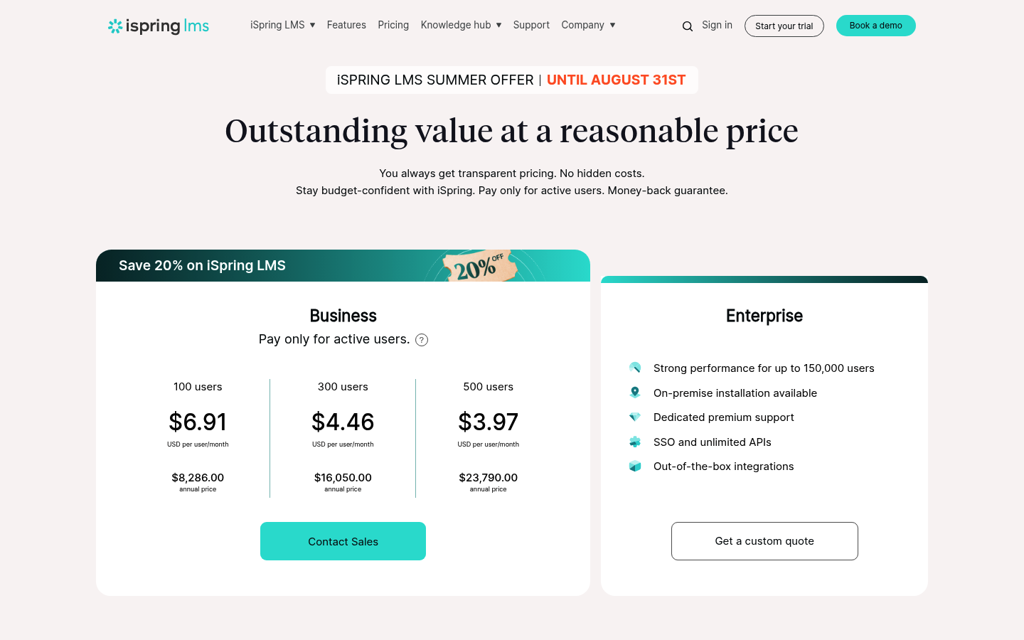 Screenshot of iSpring's pricing page showing its plans and prices