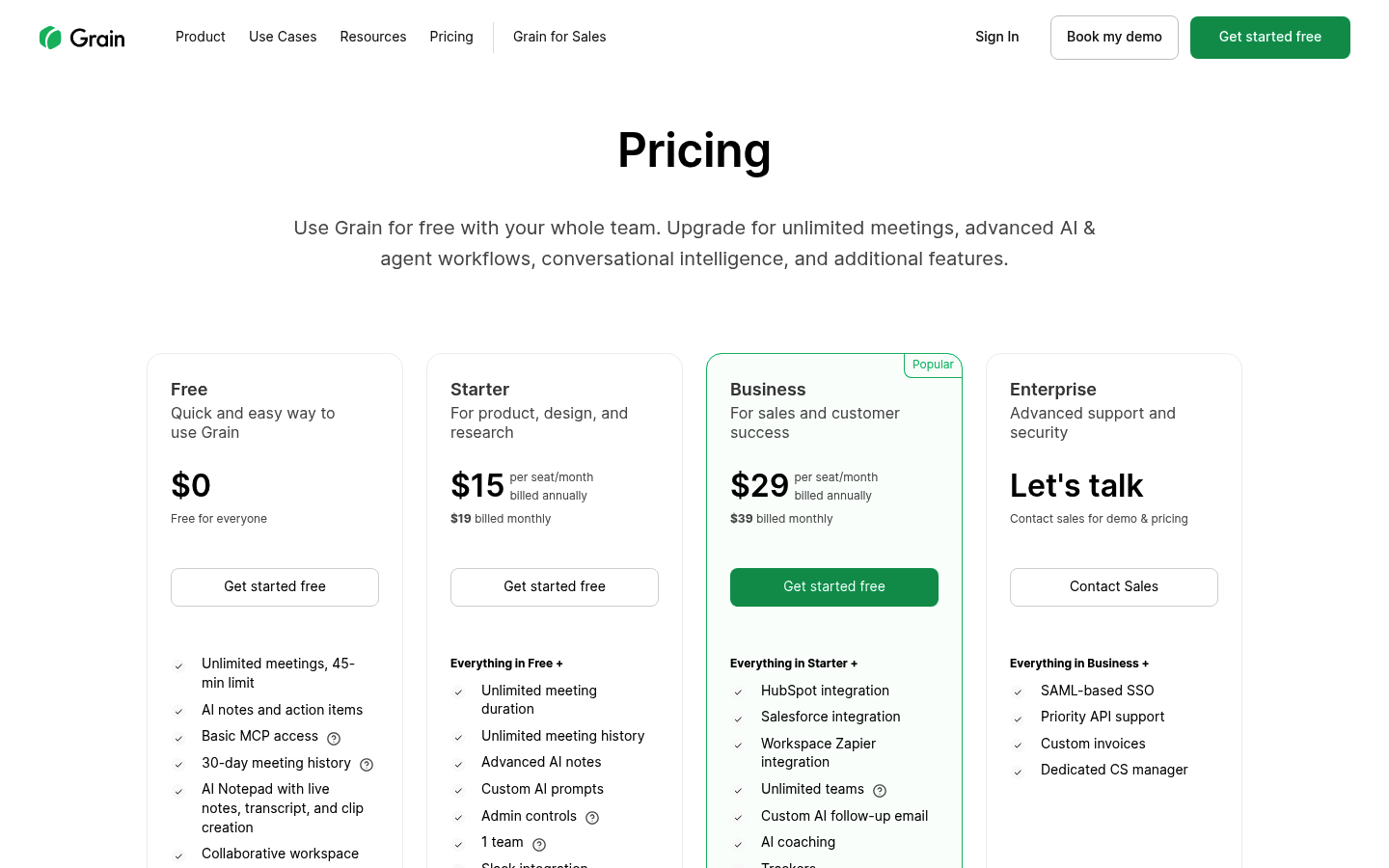 Screenshot of Grain's pricing page showing its plans and prices
