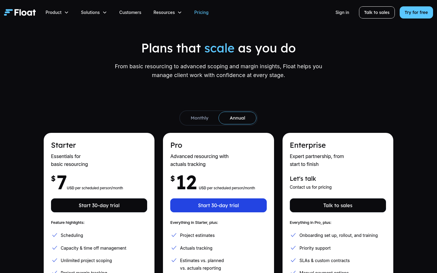 Screenshot of Float's pricing page showing its plans and prices