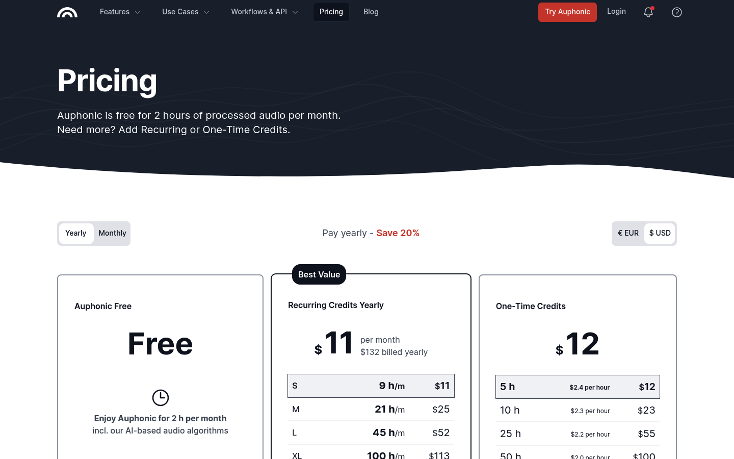 Screenshot of Auphonic's pricing page showing its plans and prices