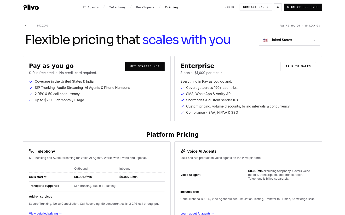 Screenshot of Plivo's pricing page showing its plans and prices