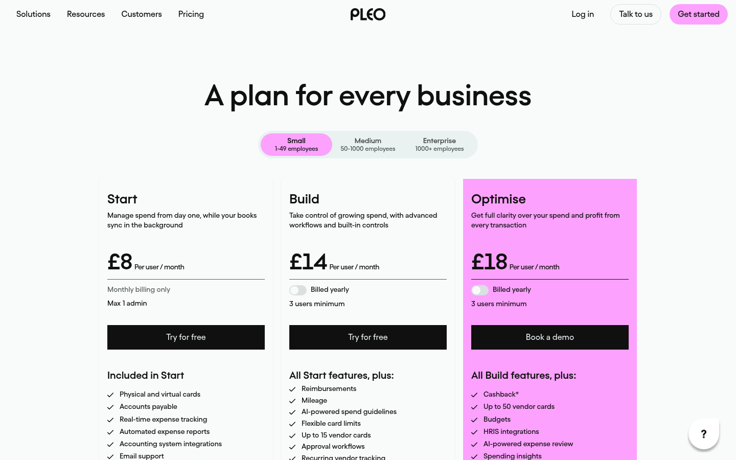 Screenshot of Pleo's pricing page showing its plans and prices