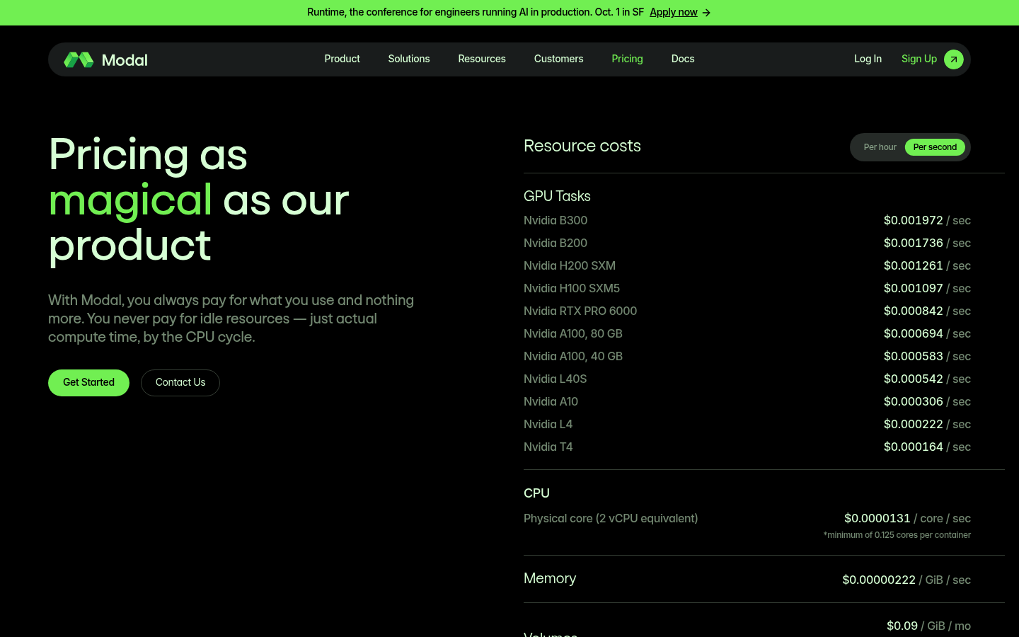 Screenshot of Modal's pricing page showing its plans and prices