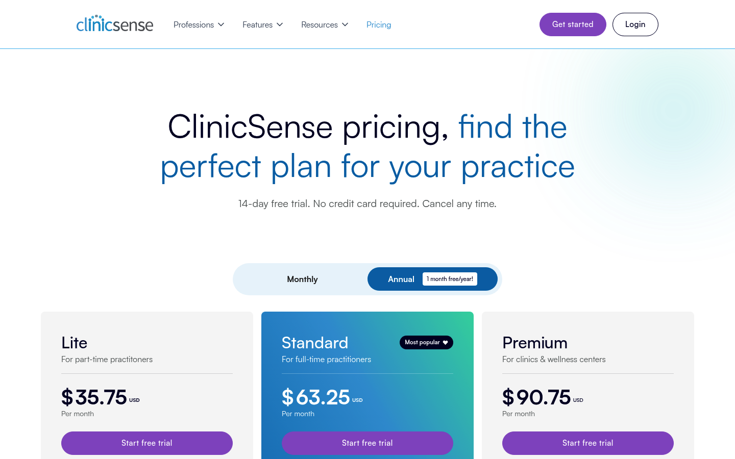 Screenshot of ClinicSense's pricing page showing its plans and prices