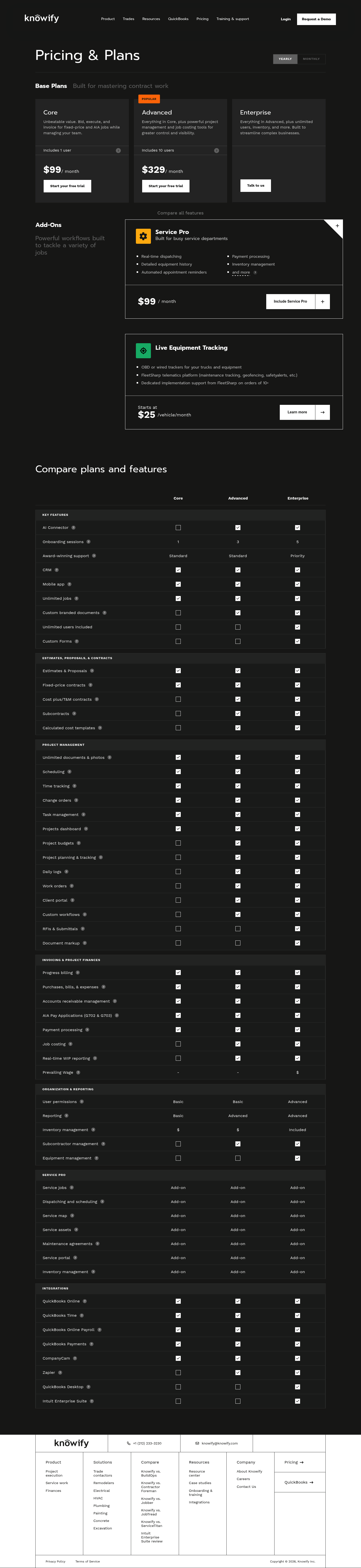 Screenshot of Knowify's pricing page showing its plans and prices