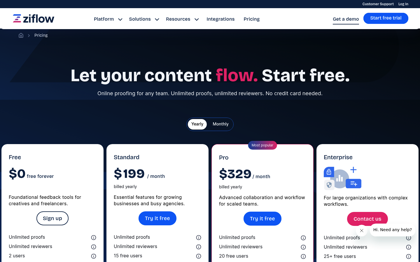 Screenshot of Ziflow's pricing page showing its plans and prices