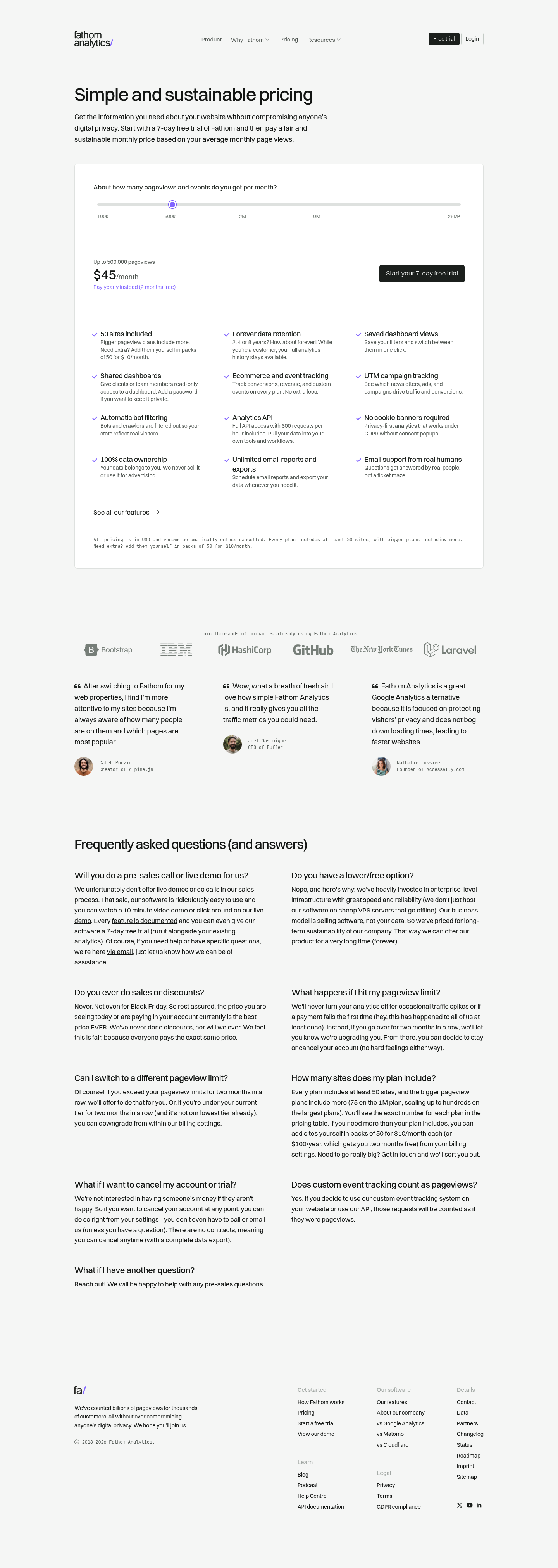 Screenshot of Fathom Analytics's pricing page showing its plans and prices