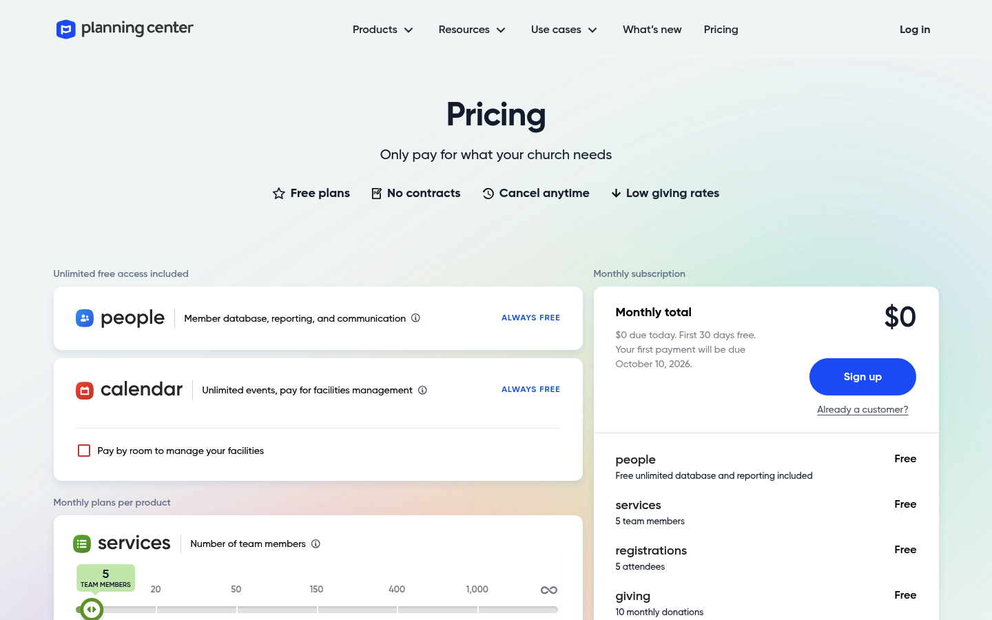 Screenshot of Planning Center's pricing page showing its plans and prices
