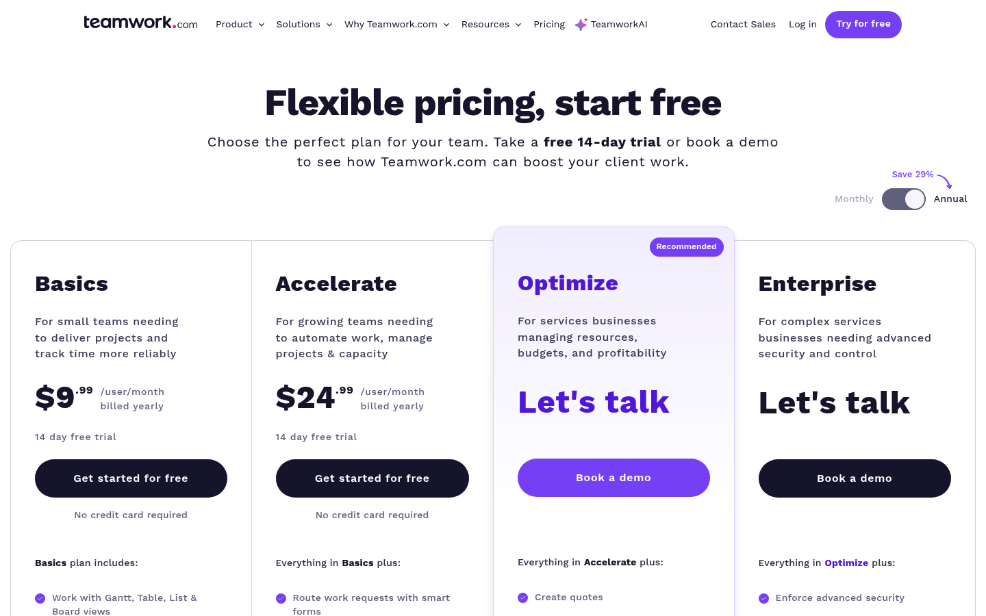 Screenshot of Teamwork's pricing page showing its plans and prices