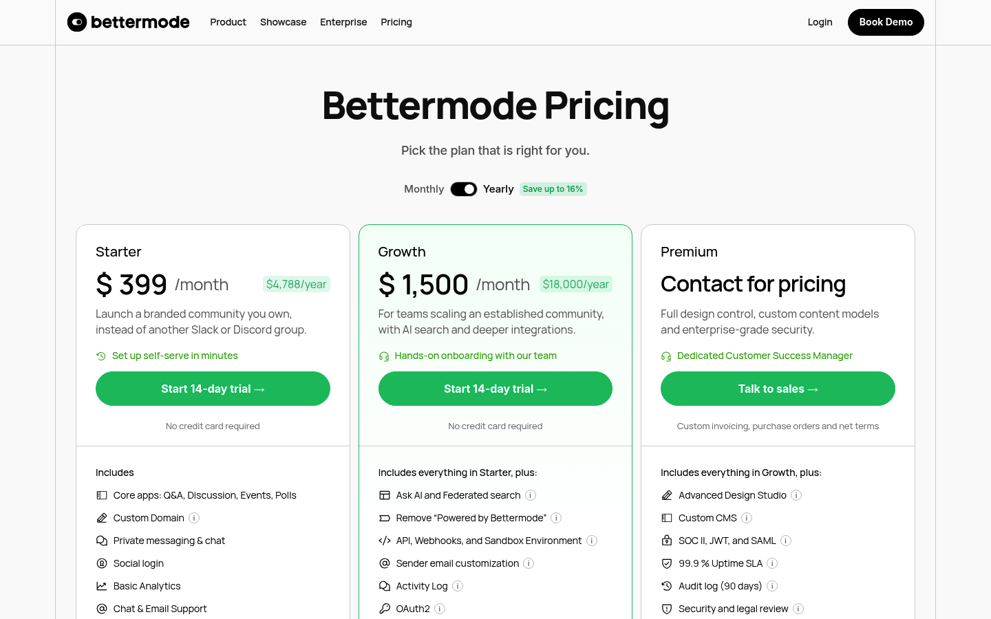 Screenshot of Bettermode's pricing page showing its plans and prices