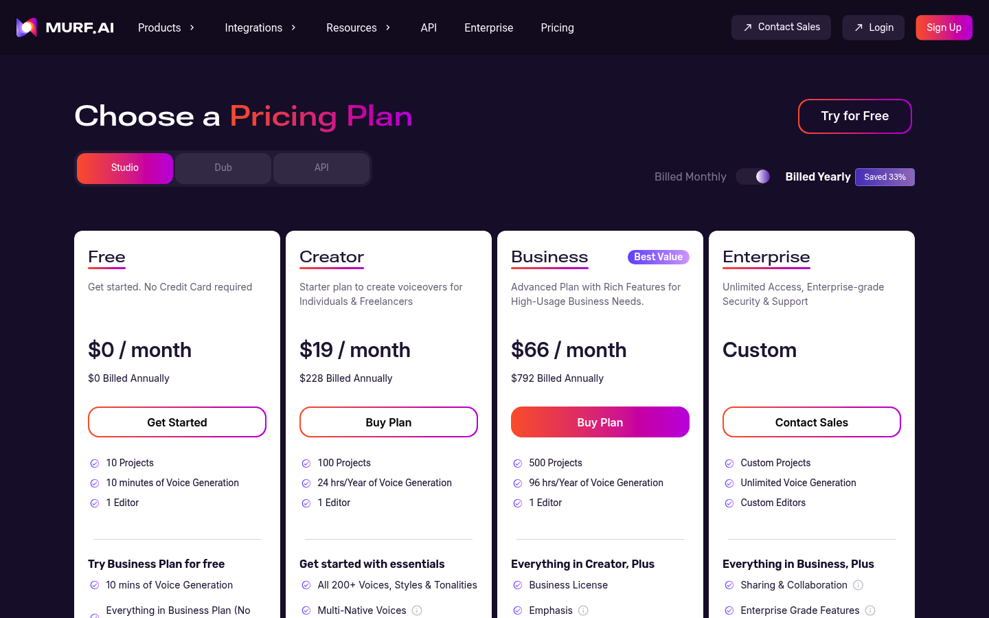 Screenshot of Murf's pricing page showing its plans and prices