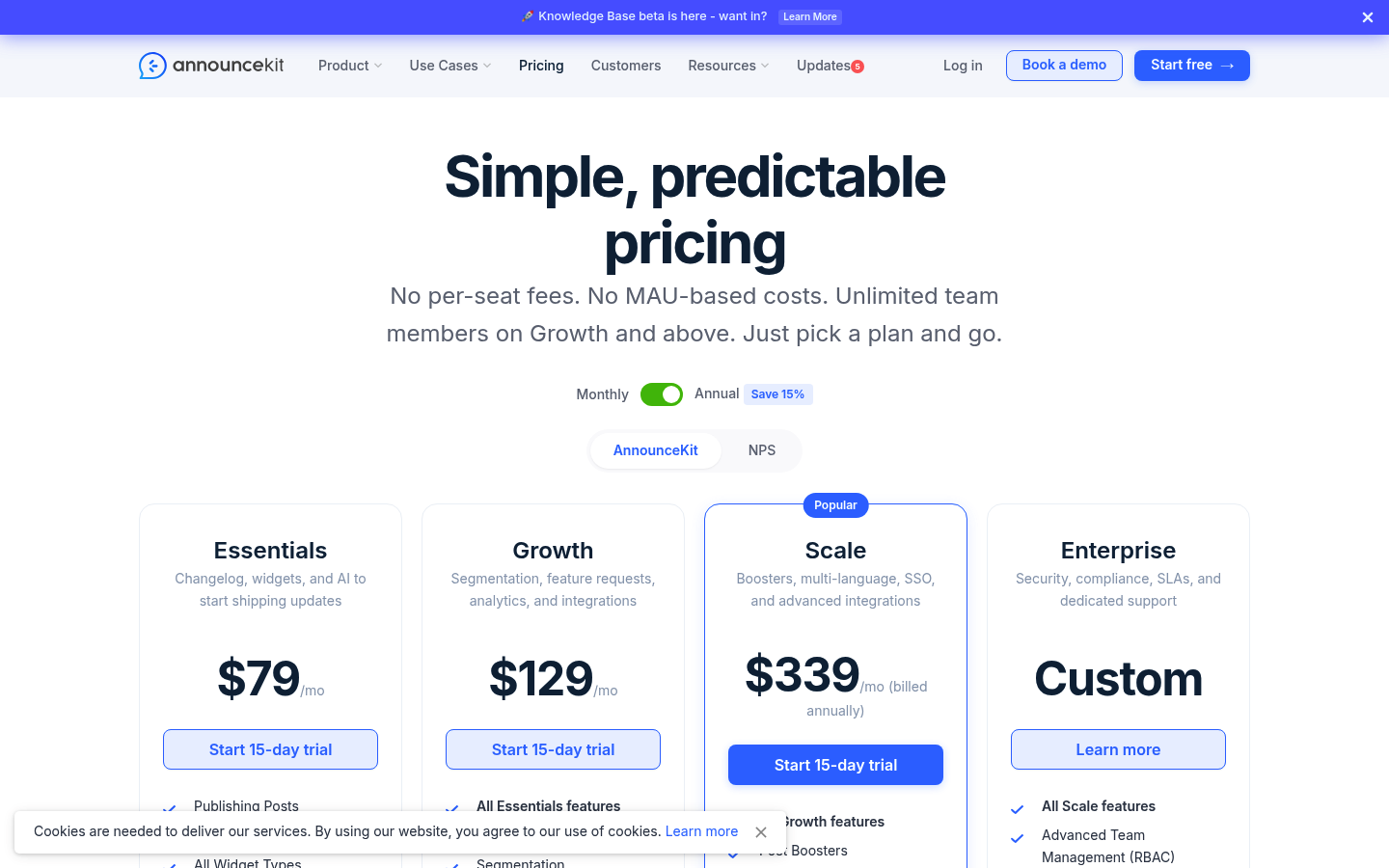 Screenshot of AnnounceKit's pricing page showing its plans and prices