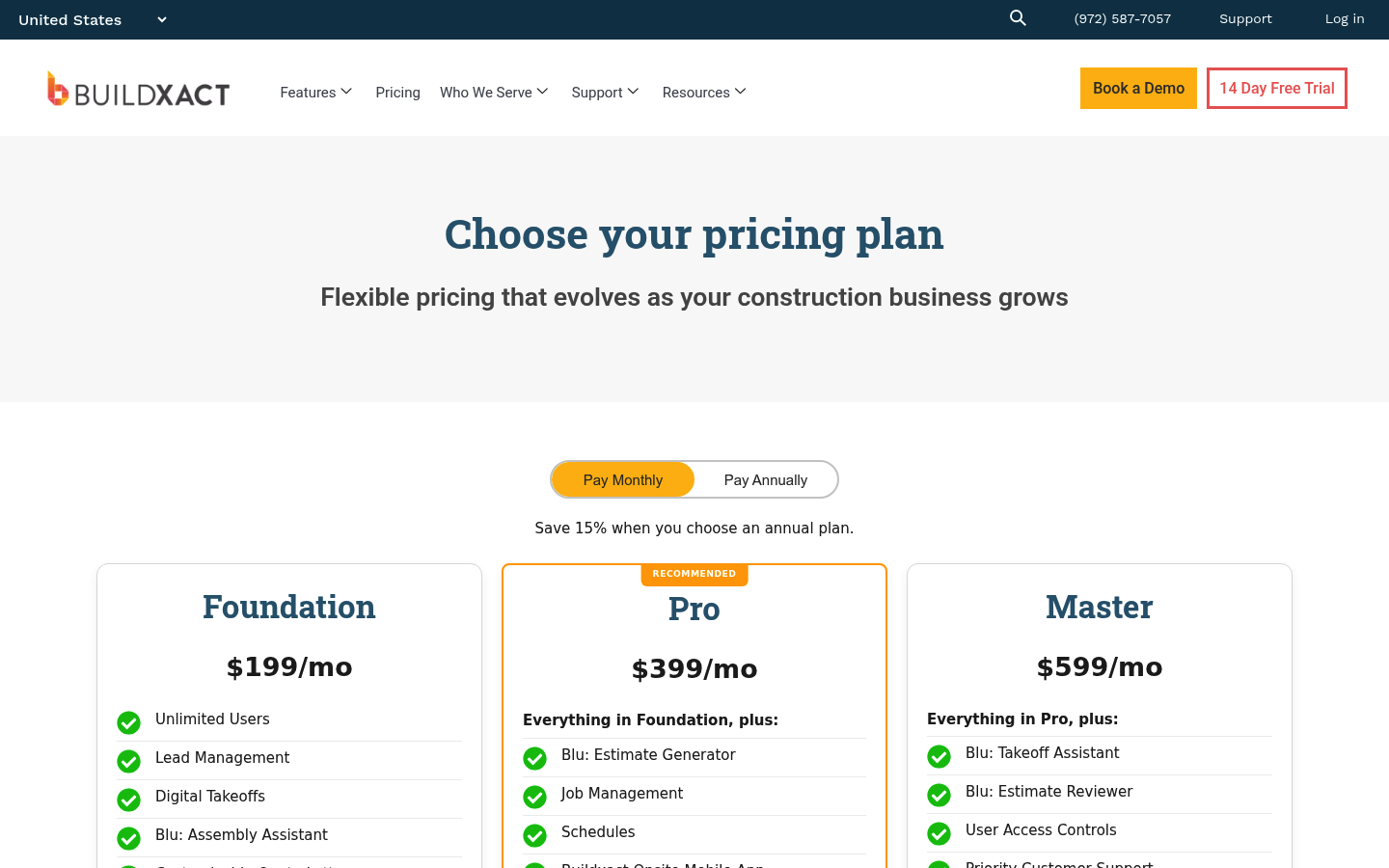 Screenshot of Buildxact's pricing page showing its plans and prices