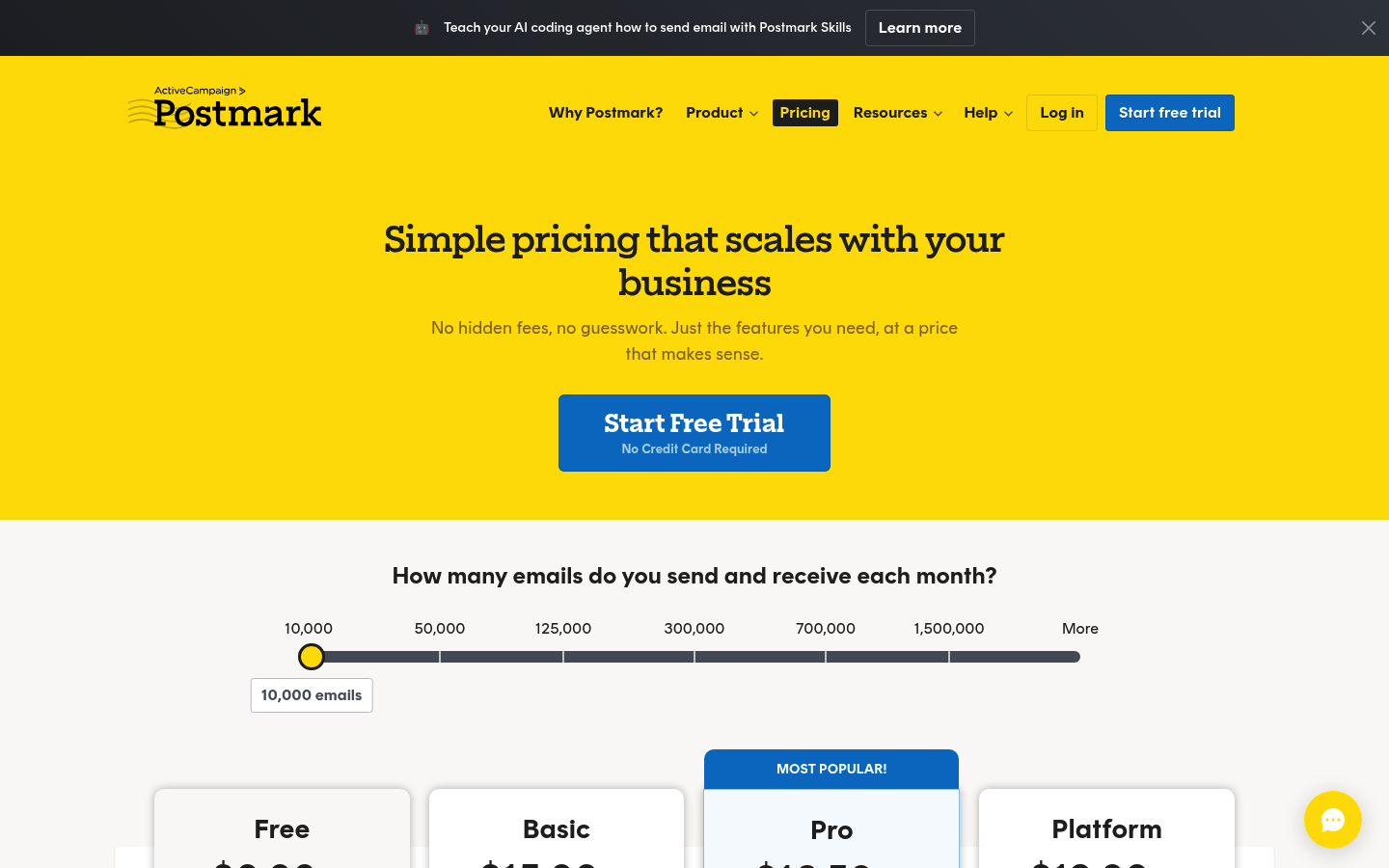 Screenshot of Postmark's pricing page showing its plans and prices