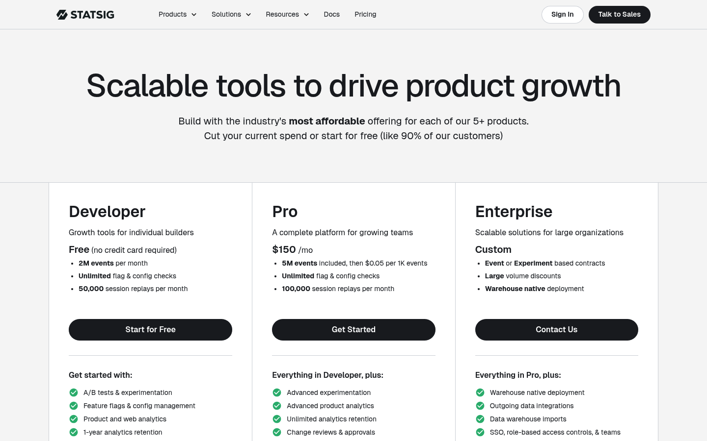 Screenshot of Statsig's pricing page showing its plans and prices