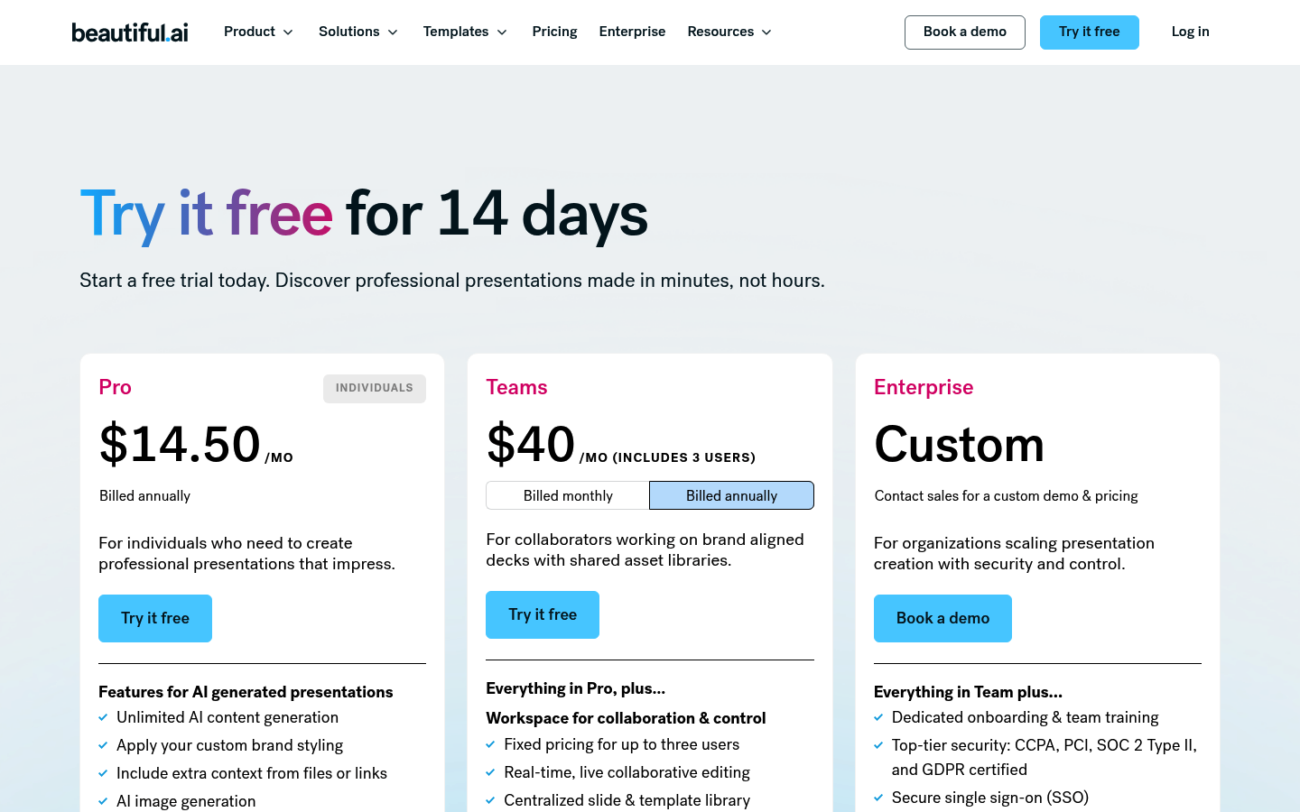 Screenshot of Beautiful.ai's pricing page showing its plans and prices