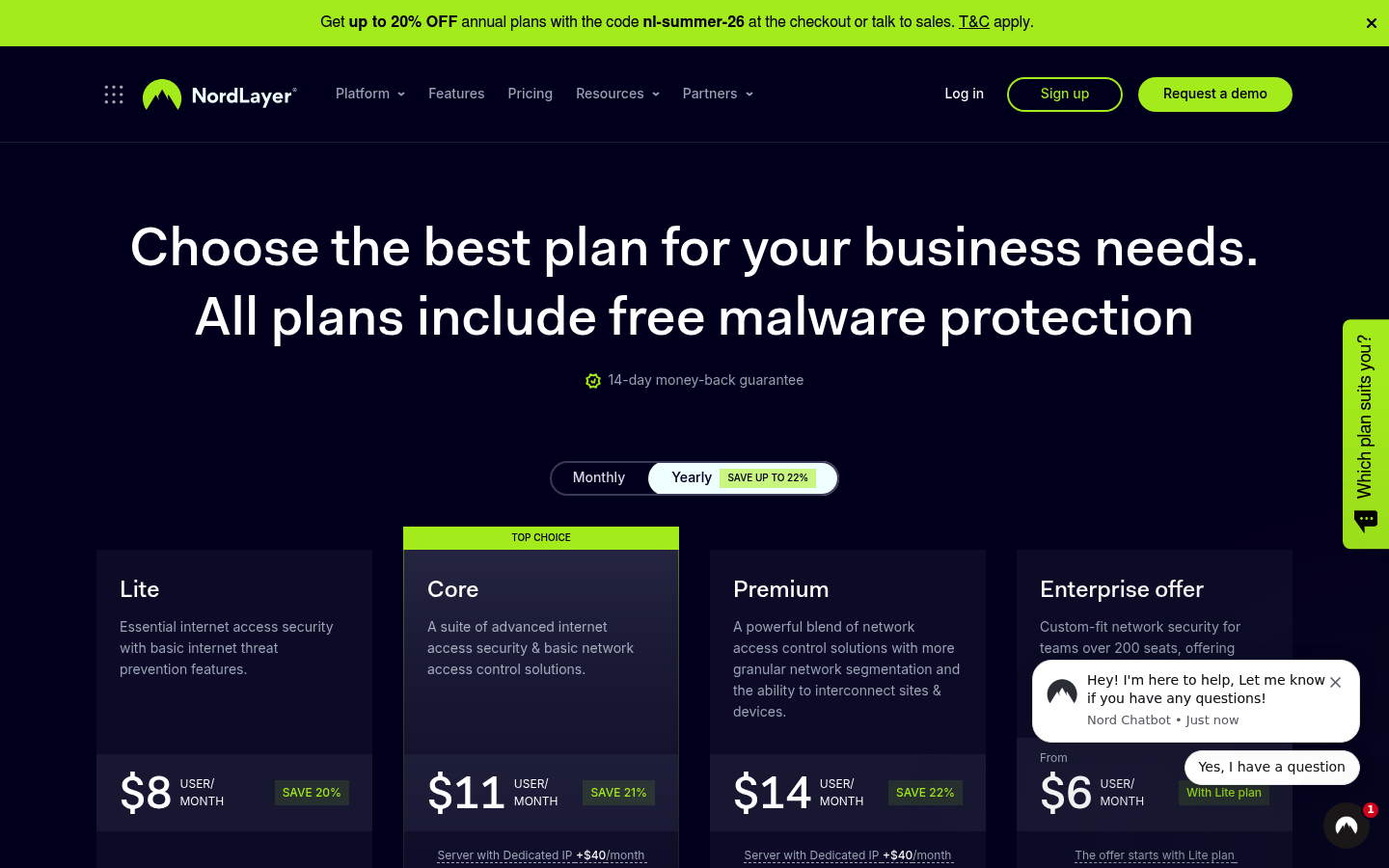Screenshot of NordLayer's pricing page showing its plans and prices