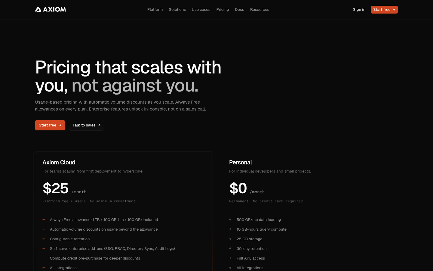Screenshot of Axiom's pricing page showing its plans and prices