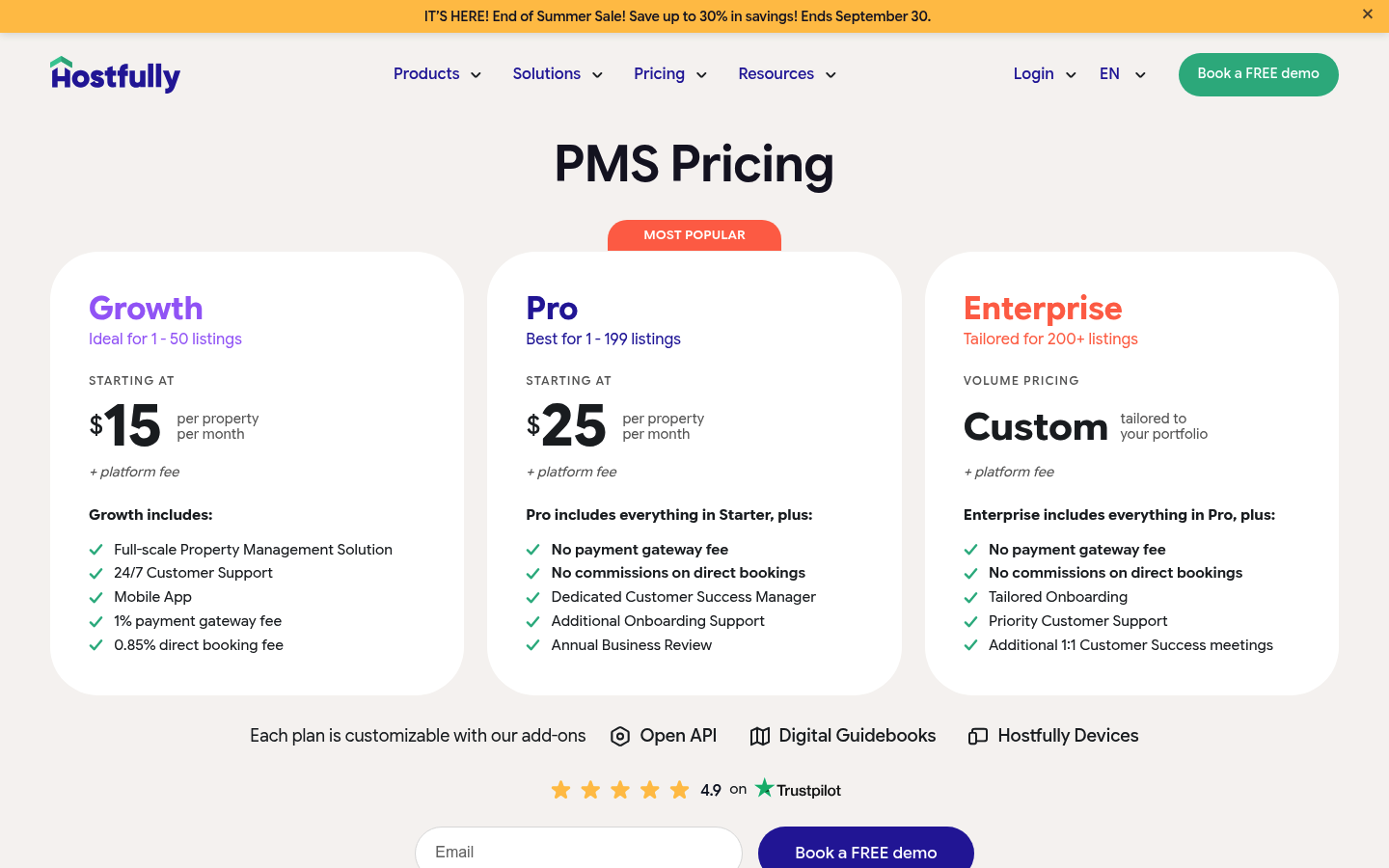 Screenshot of Hostfully's pricing page showing its plans and prices